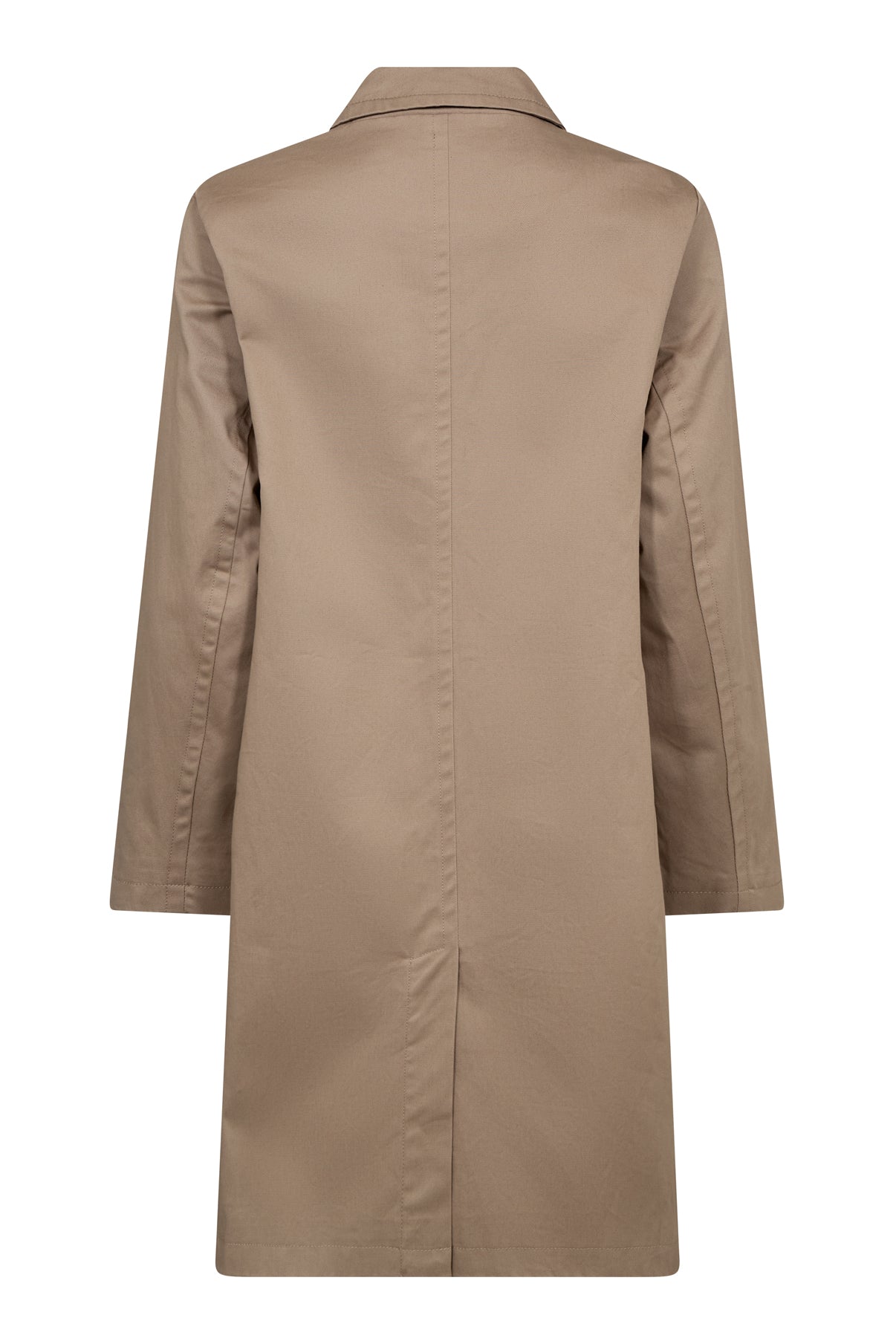 Lang beige trenchcoat med lange ærmer og klassisk krave bagfra set.