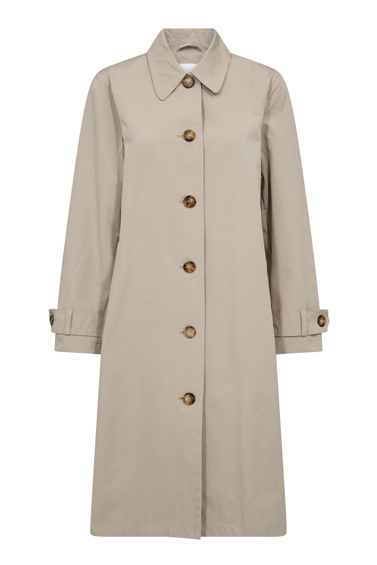 Oversize beige trenchcoat i ren kashmir med knapper foran og lommer i siderne.