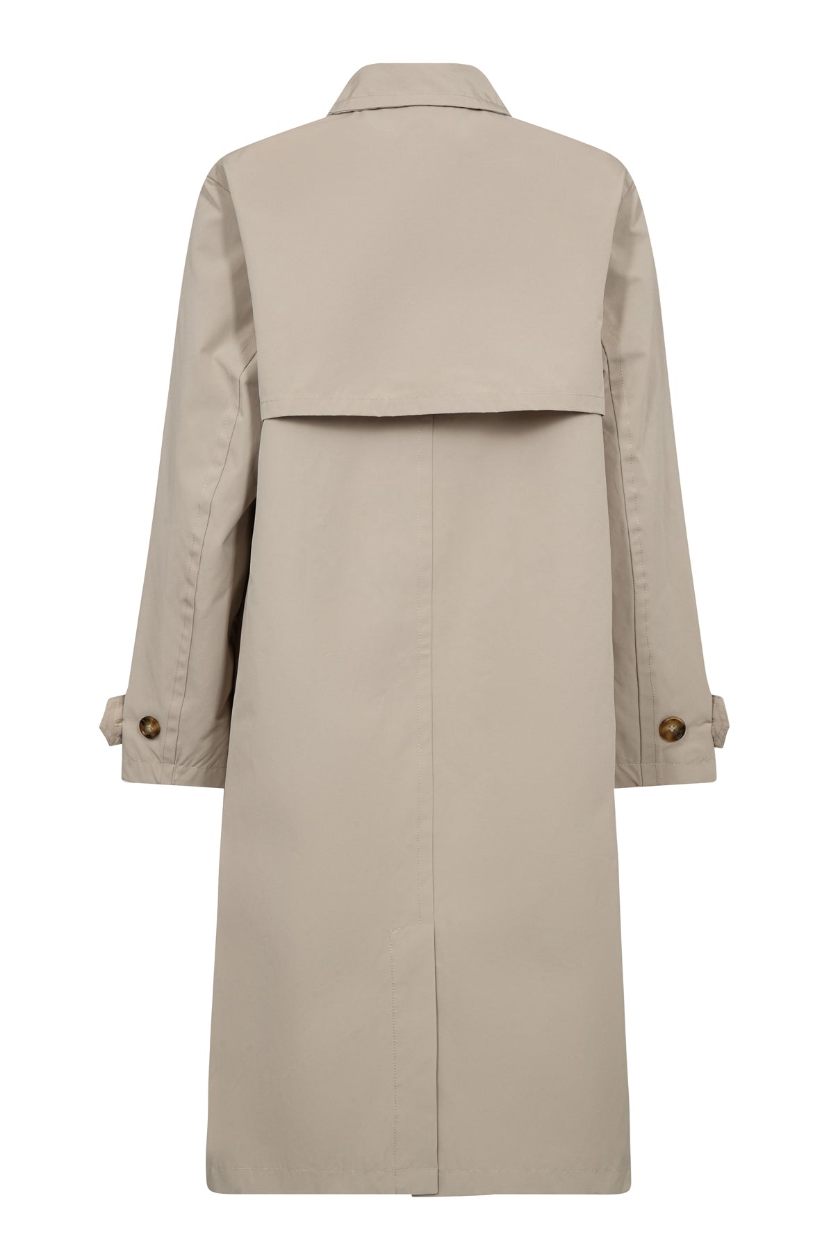 Oversize trenchcoat i beige med bred rygklap og knappede ærmekanter.