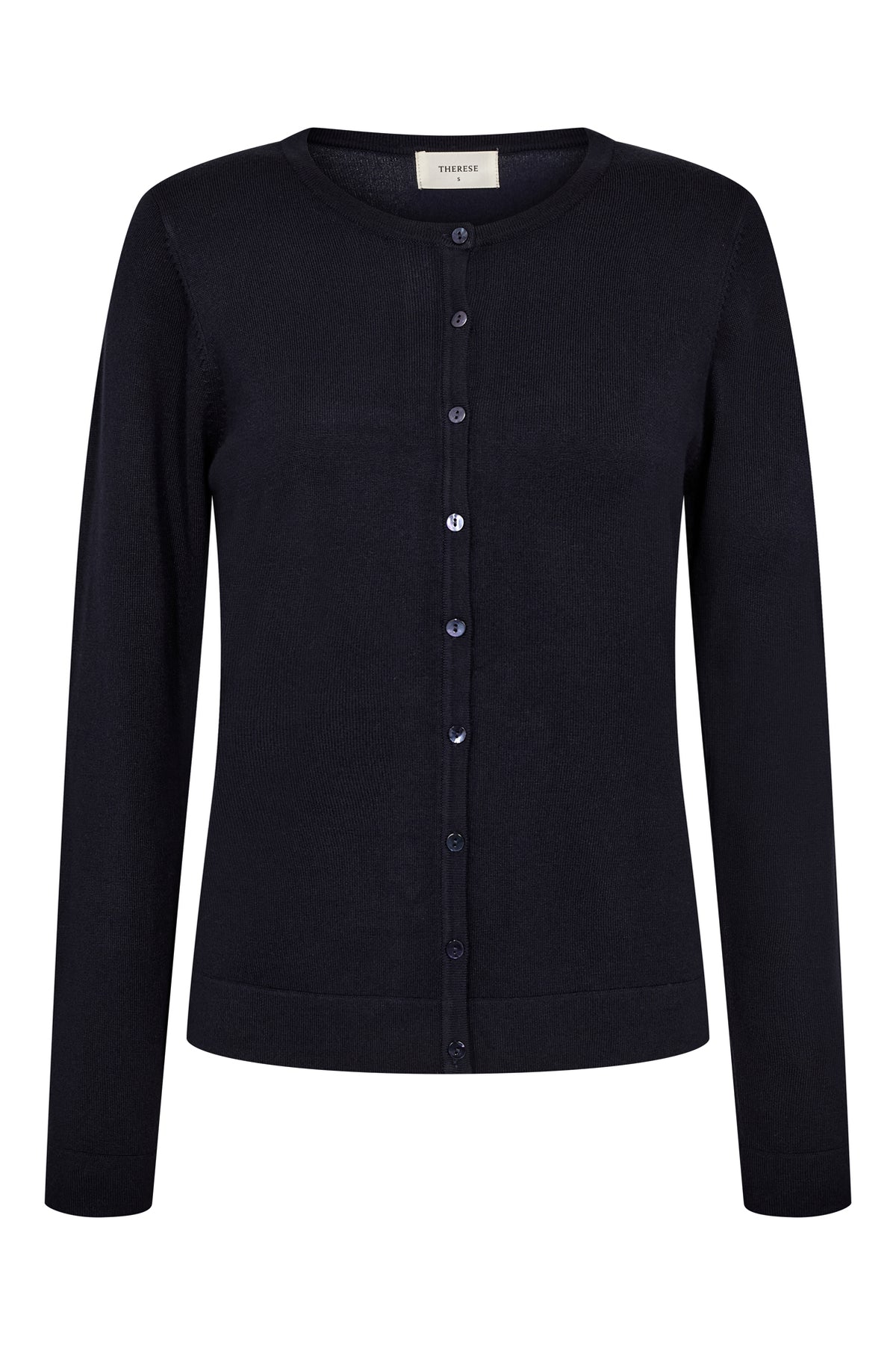 Sort cardigan med rund hals, knaplukning og ribdetaljer ved sømme.