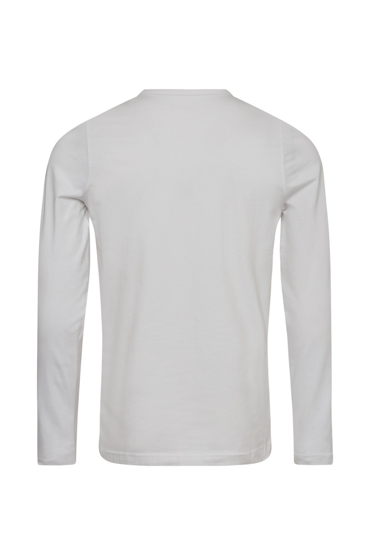 Langærmet t-shirt i lys grå bomuld set bagfra med rund hals og enkelt design.