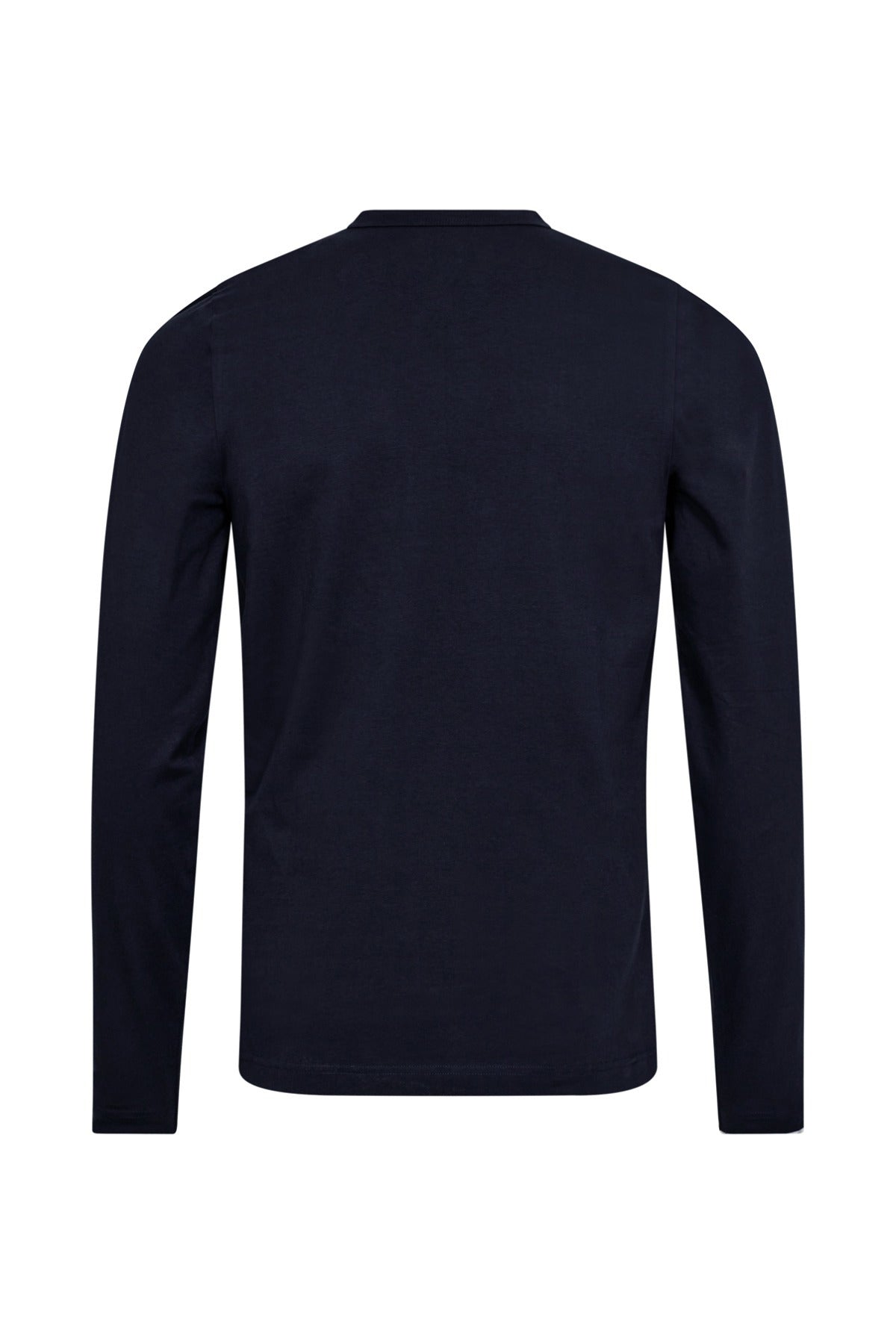 Langærmet t-shirt i mørkeblå bomuld med rund hals set bagfra.