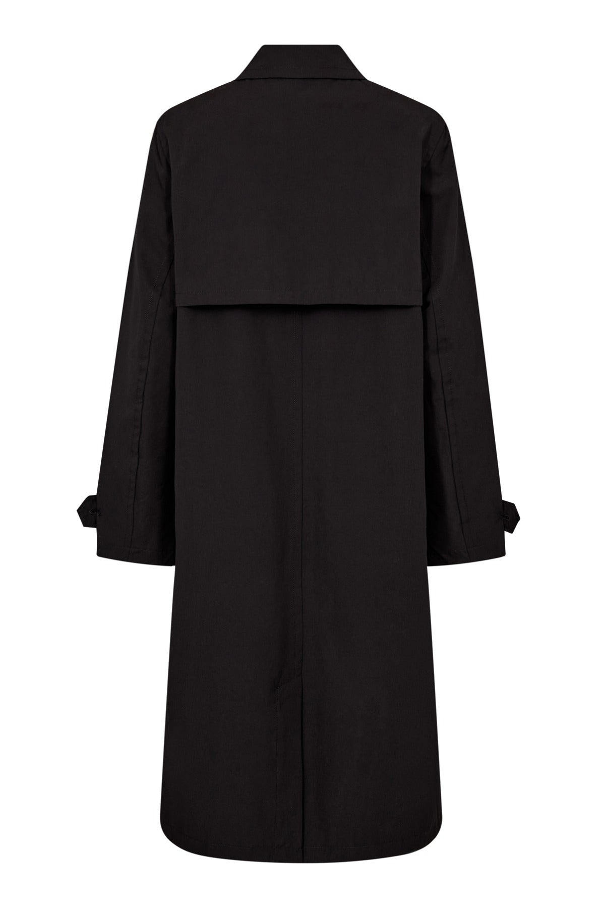 Oversize sort trenchcoat med lange ærmer, knapdetaljer på manchetter og rygkappe.