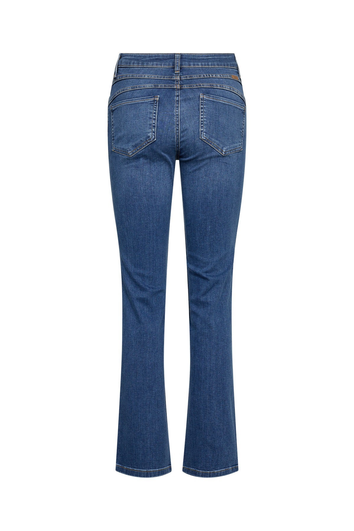 Blå Stone flared jeans med baglommer og let stretch i denimstof set bagfra.