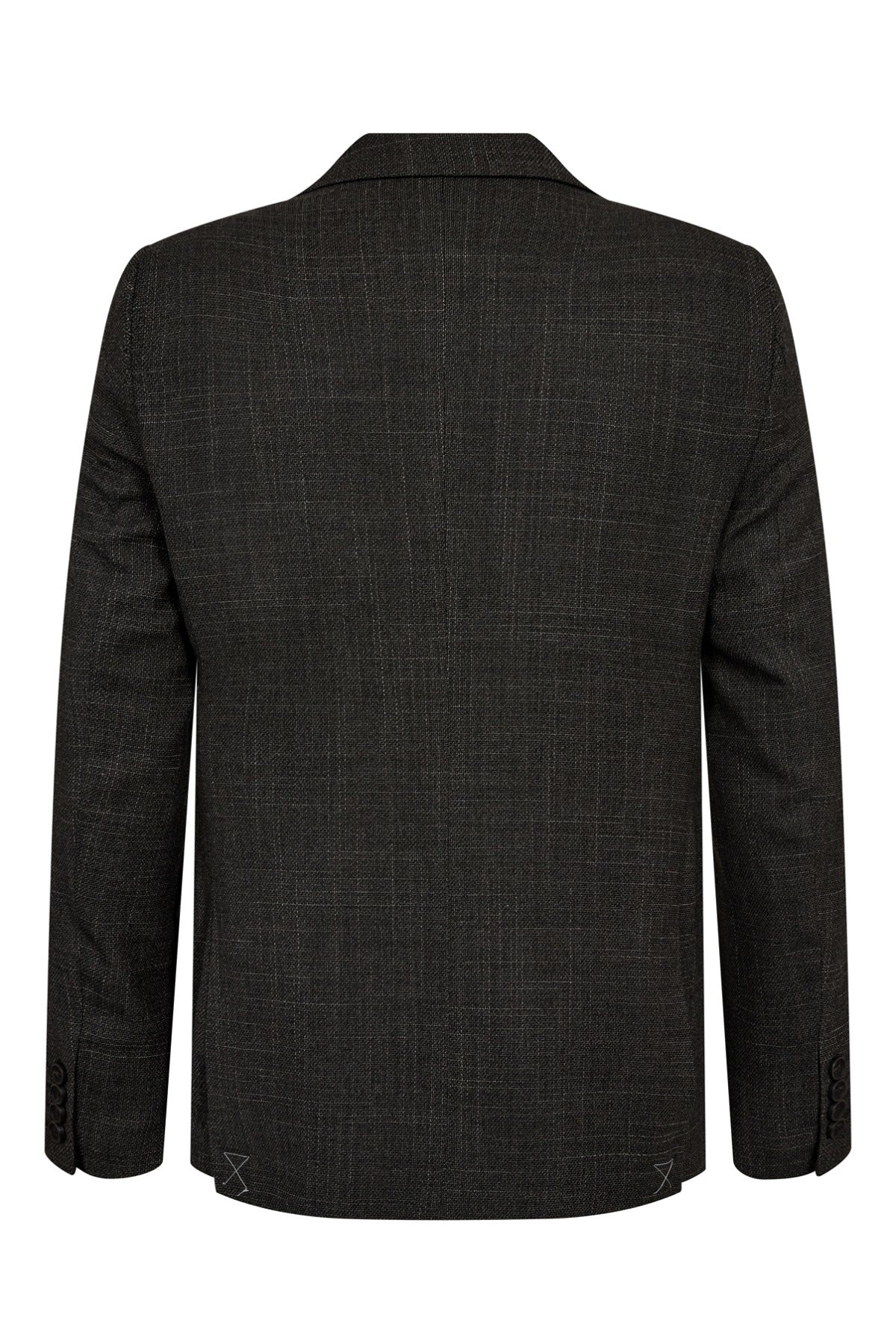 Mørkebrun uldblandet blazer med klassisk skræddersyet snit set bagfra.