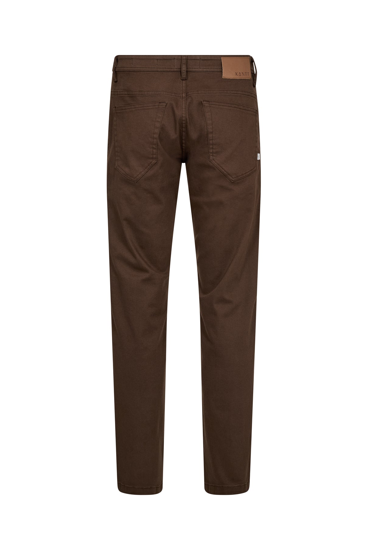 Mørkebrune klassiske regular fit jeans med baglommer og læderdetalje ved linning.