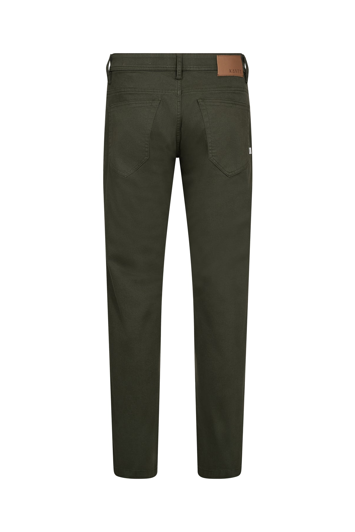 Mørkegrønne klassiske jeans med rette ben og baglommer med syninger.