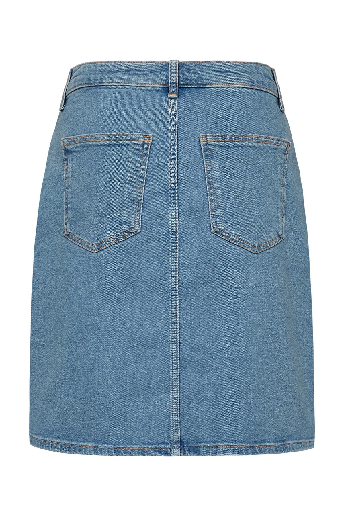 Blå denimnederdel med lige skæring og baglommer i klassisk design.