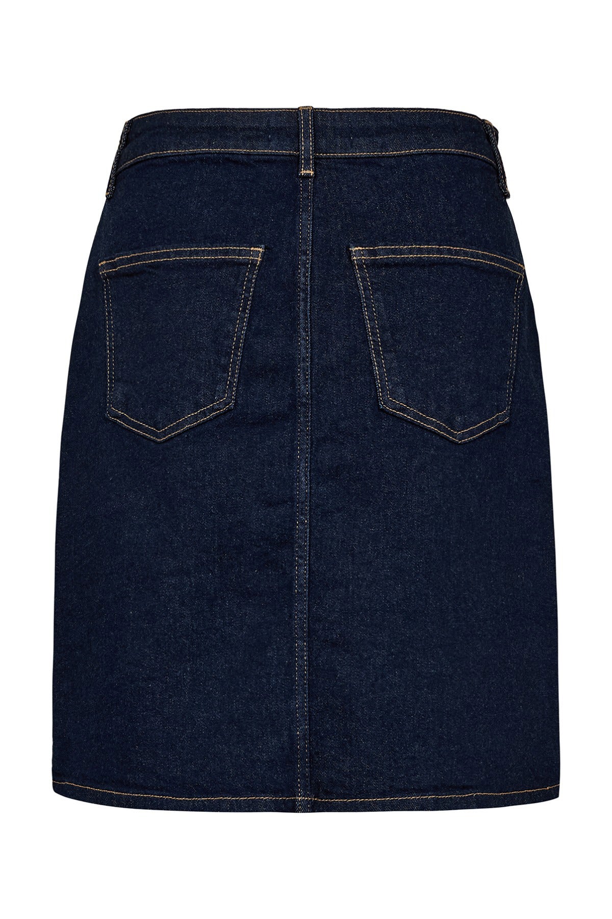 Mørk denimnederdel med lommer og syninger, kort og lige i pasformen.