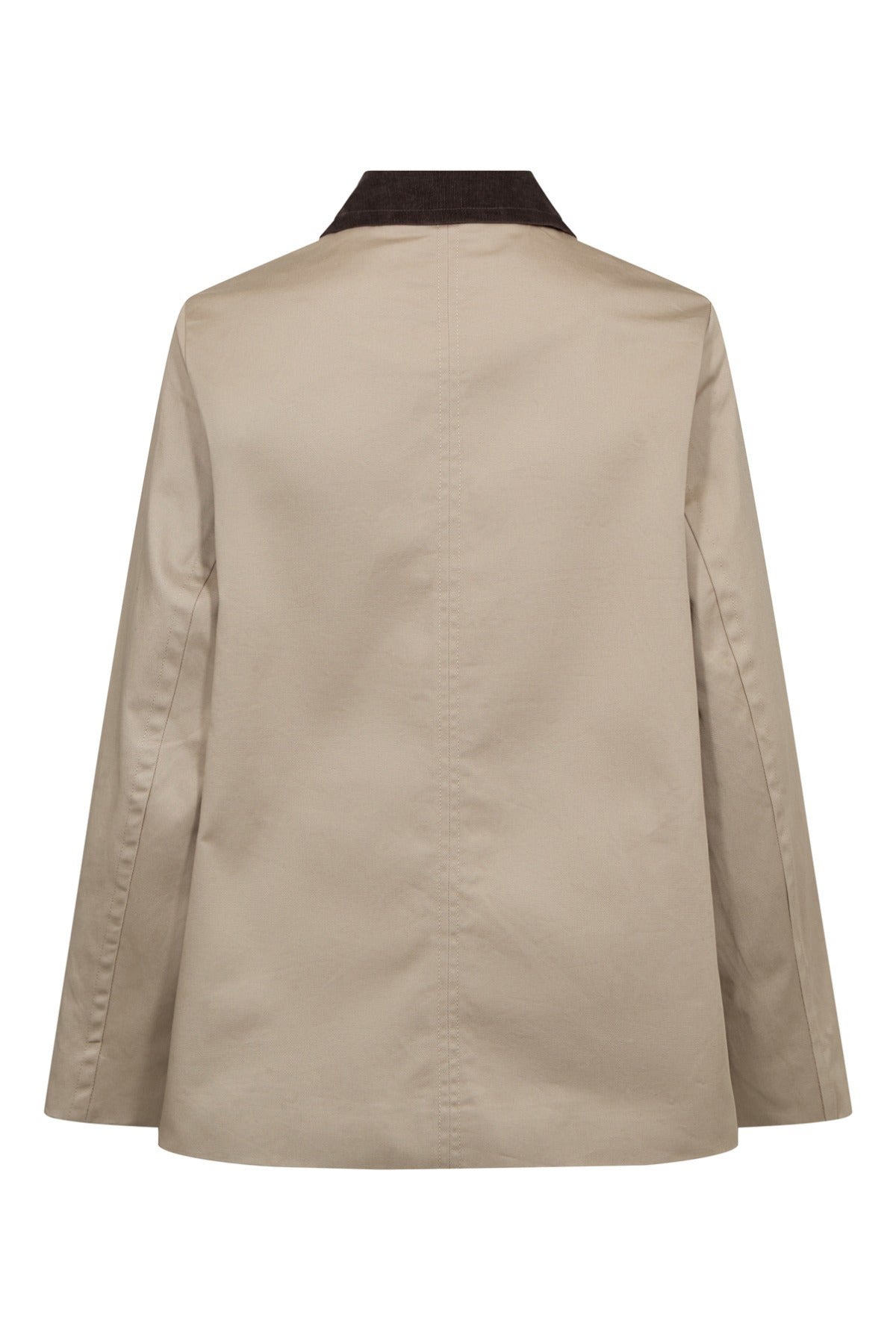 Kort beige jakke med brun fløjlskrave og lange ærmer bagfra.