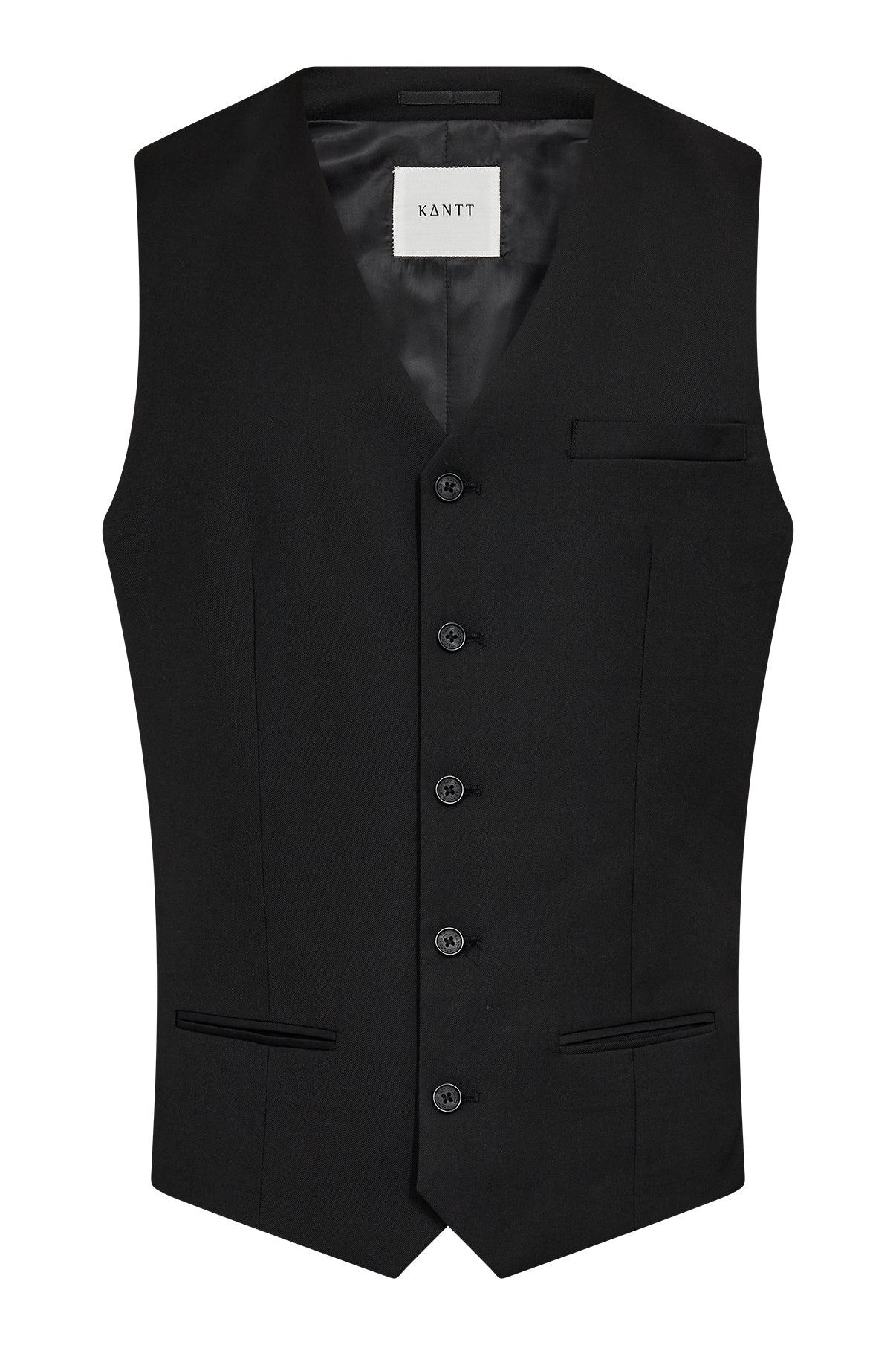 Sort klassisk vest med paspolerede lommer og knaplukning foran.