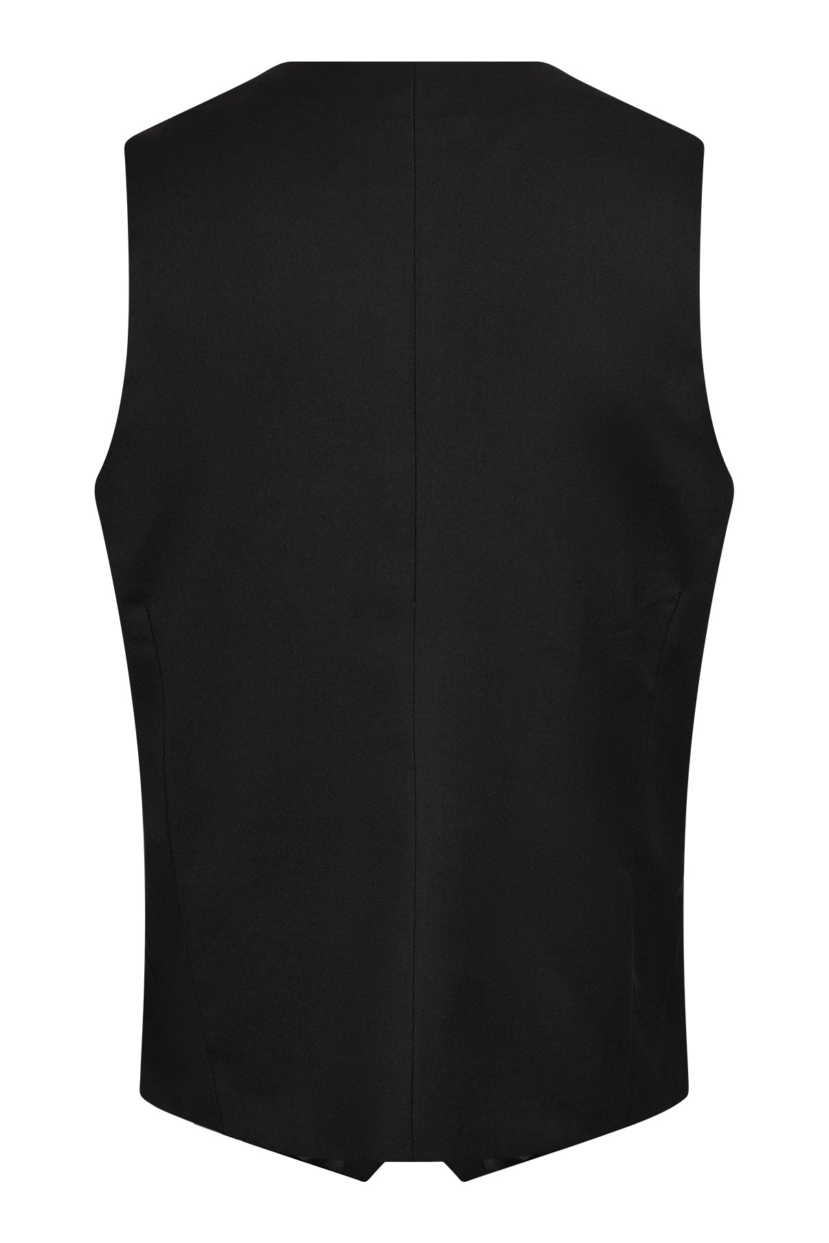 Sort tidløs vest med paspolerede lommer og enkel ryg uden syninger.