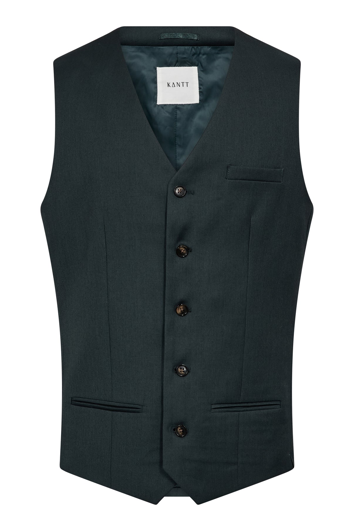 Sort vest med paspolerede lommer og brune knapper i klassisk snit.