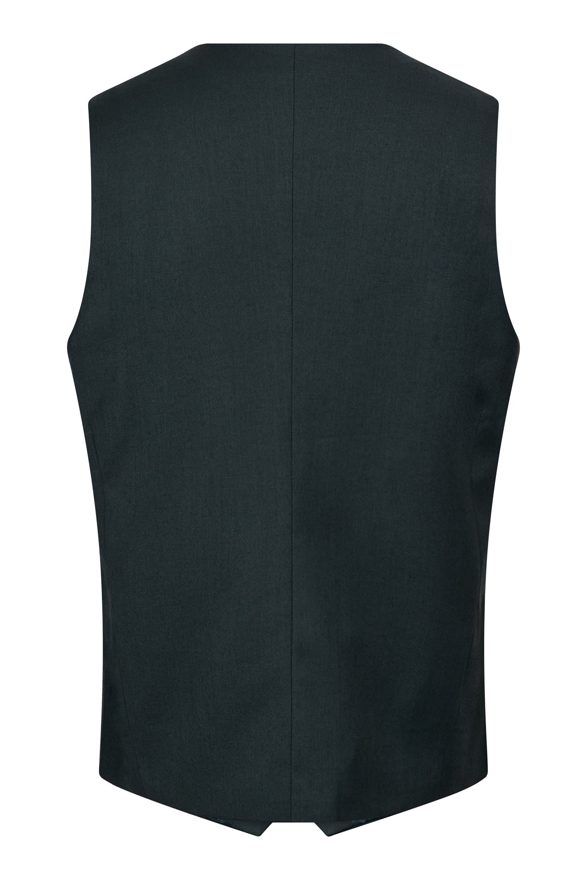 Sort tidløs vest med paspolerede lommer og enkel ryg uden syninger.