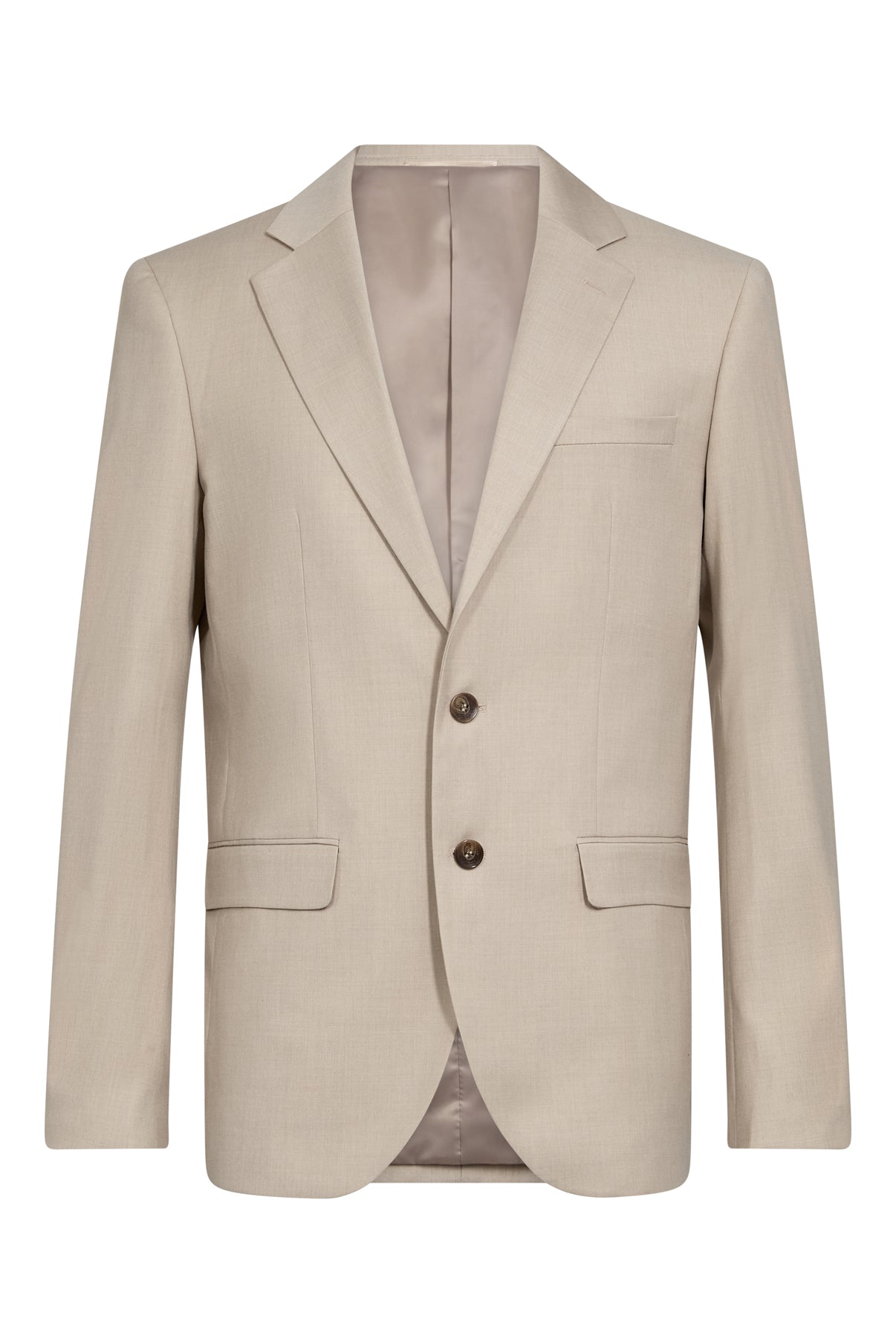 Beige klassisk blazer med to knapper og flapperlommer foran.