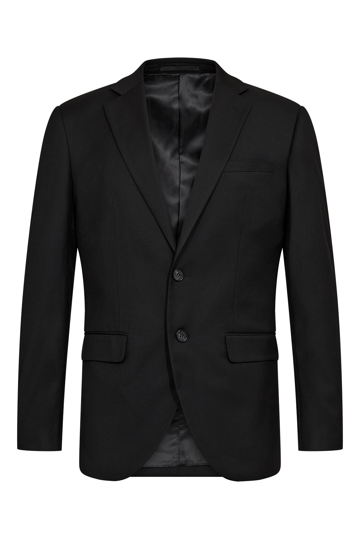 Sort klassisk blazer med to knapper og lommer med klap foran.