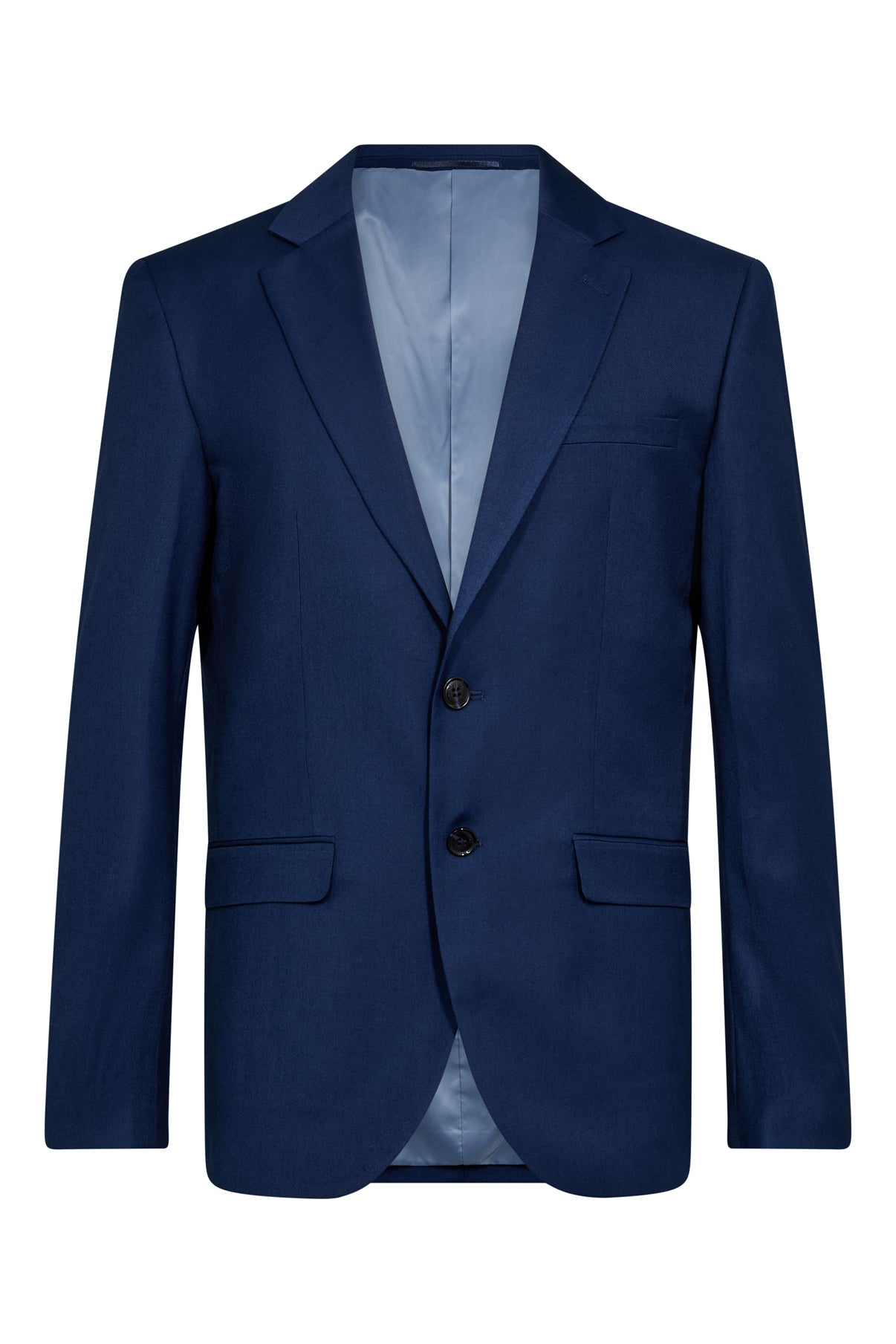 Mørkeblå klassisk blazer med to knapper og sidelommer, elegant pasform.