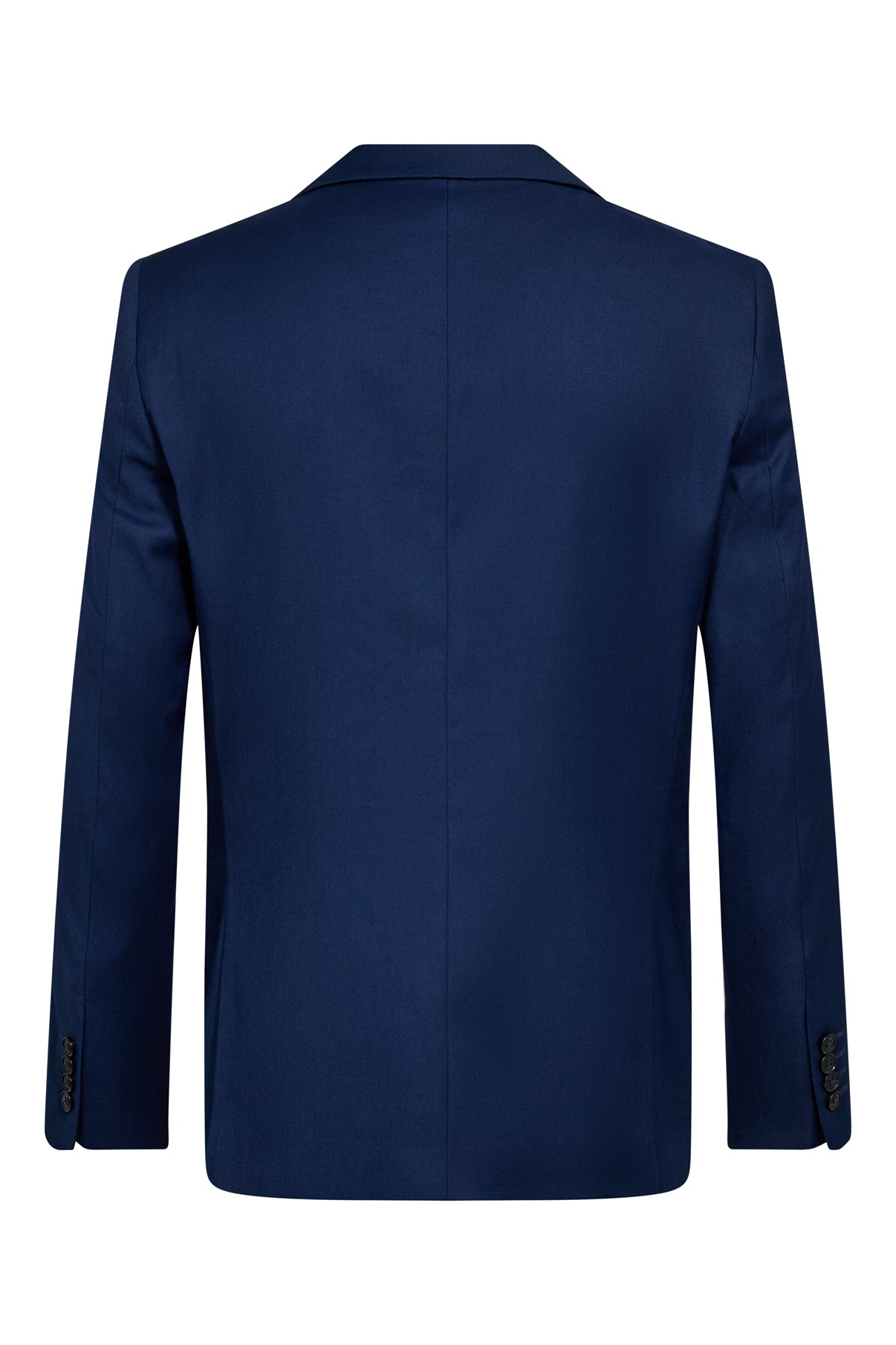 Marineblå klassisk blazer i glat stof set bagfra med lange ærmer og enkelt søm i ryggen.
