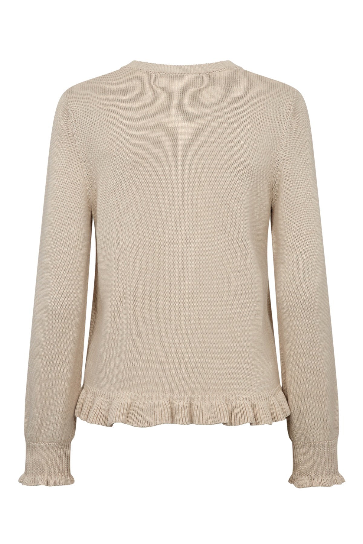 Beige striktrøje med rund hals og flæsekant ved ærmer og bund.