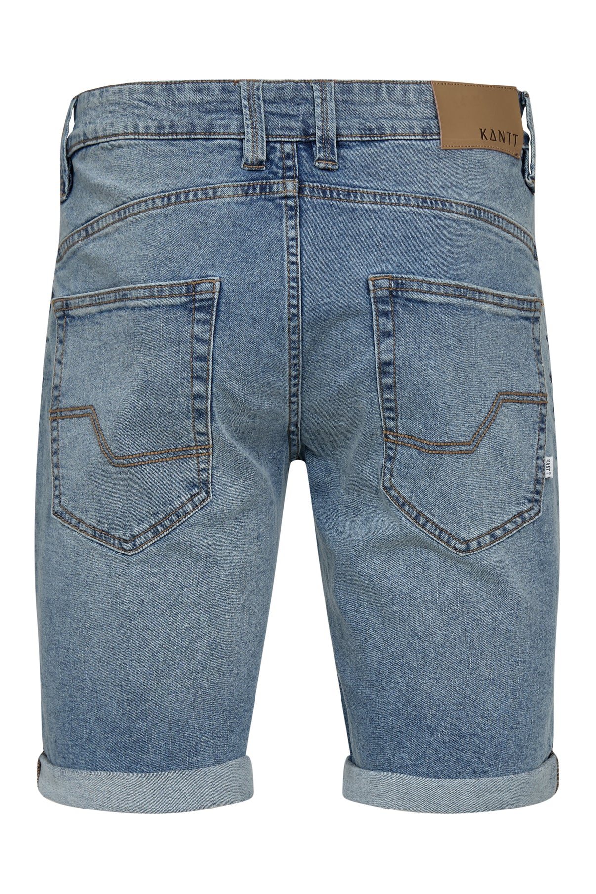 Blå denim shorts med vendt op kant, baglommer og læderlabel ved linning.