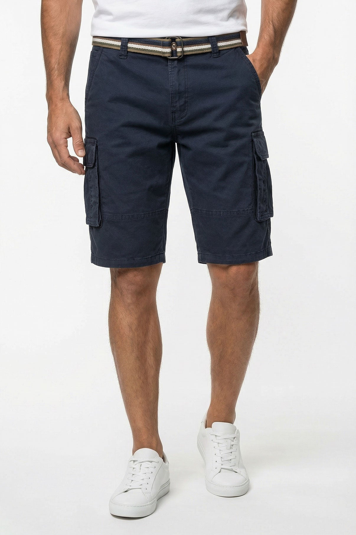 Navy cargo shorts with belt, side pockets, and relaxed fit on male model.