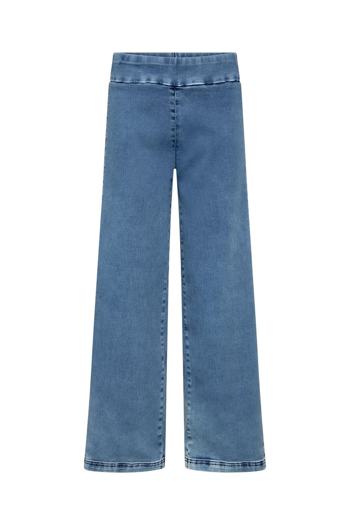 Strækbare bukser i falmet denim med lige ben og bred linning uden synlige lommer.