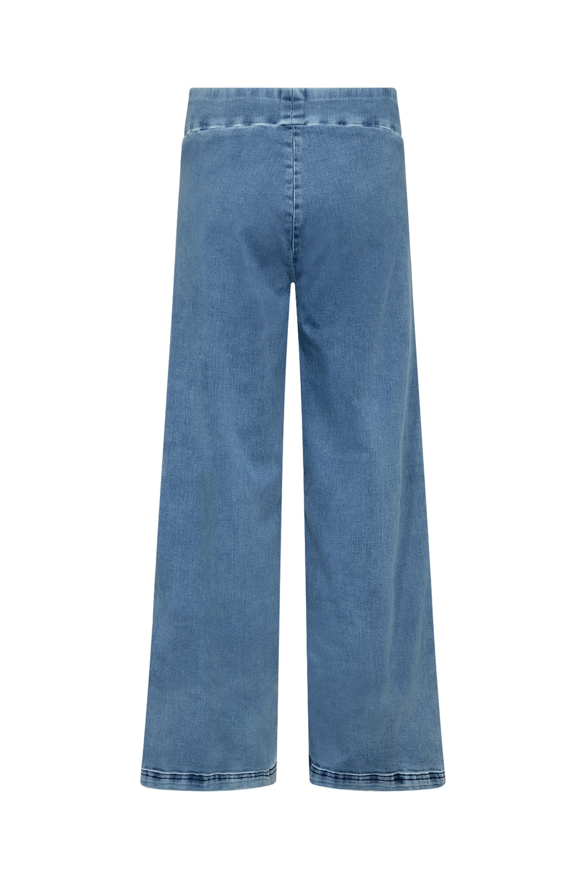 Blå strækbare bukser med lige ben i beschadet denim, set bagfra.