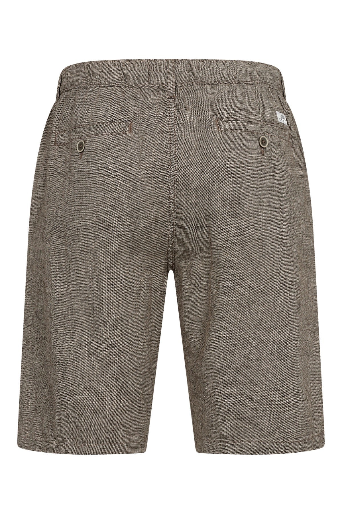 Brune shorts i let hør med elastisk talje og to baglommer med knaplukning.