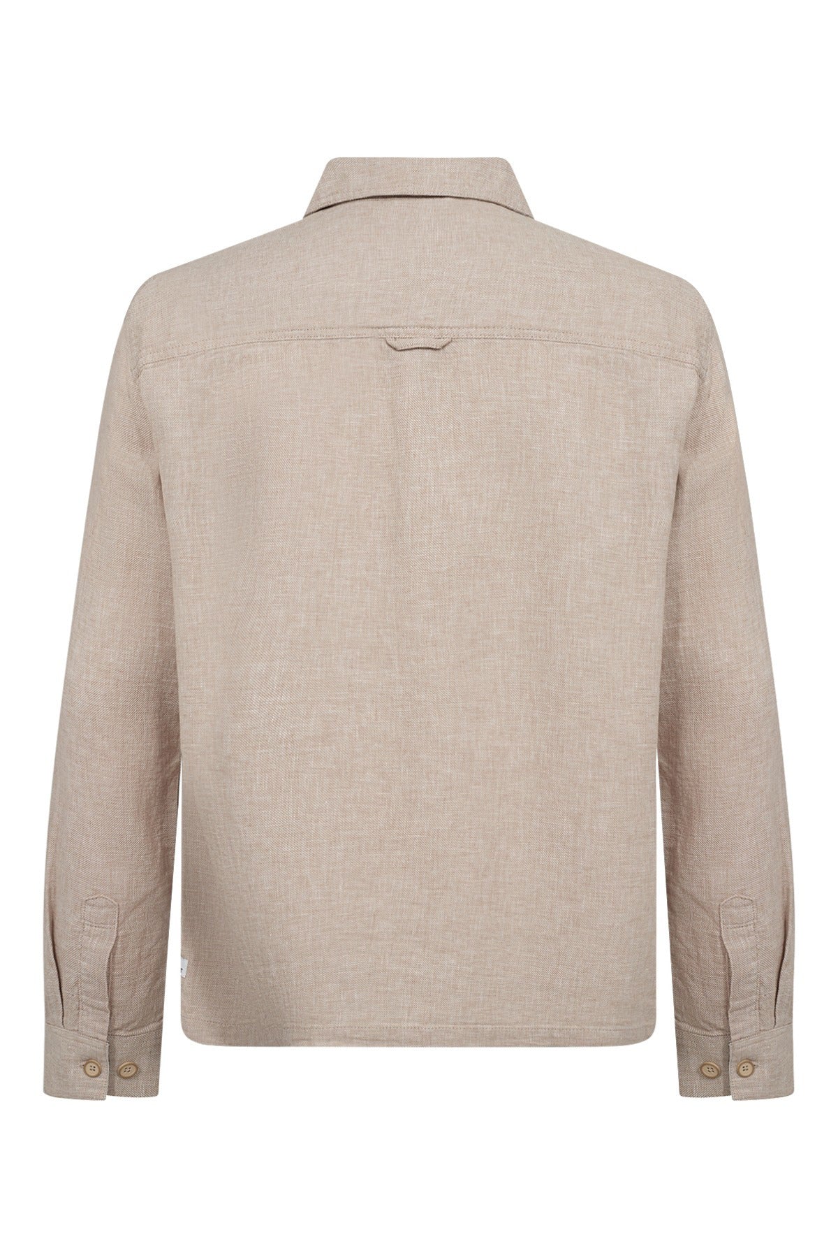 Beige langærmet skjorte i hør med detaljeret ryg og knapper på ærmerne.