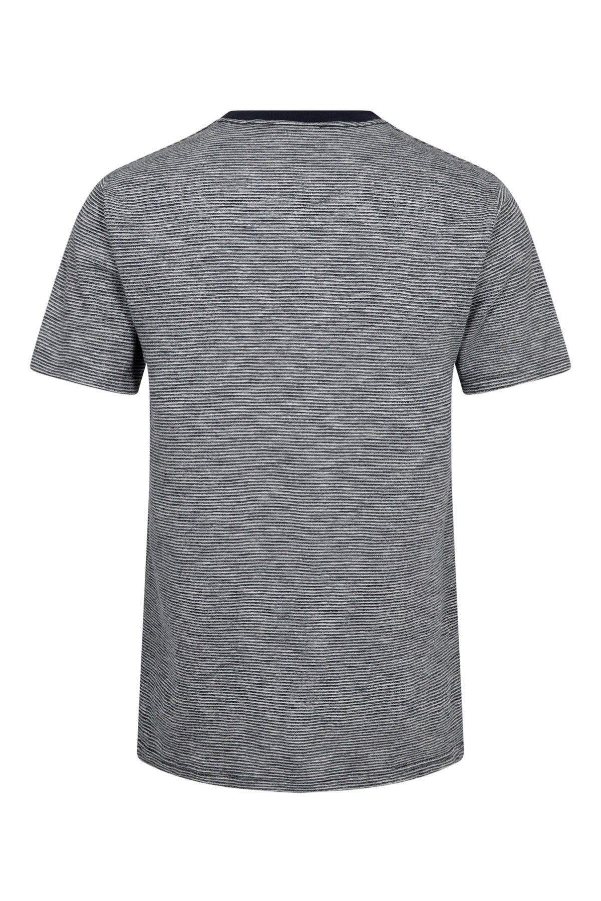 Gråmeleret, kortærmet t-shirt med mørkeblå ribkant ved halsen set bagfra.