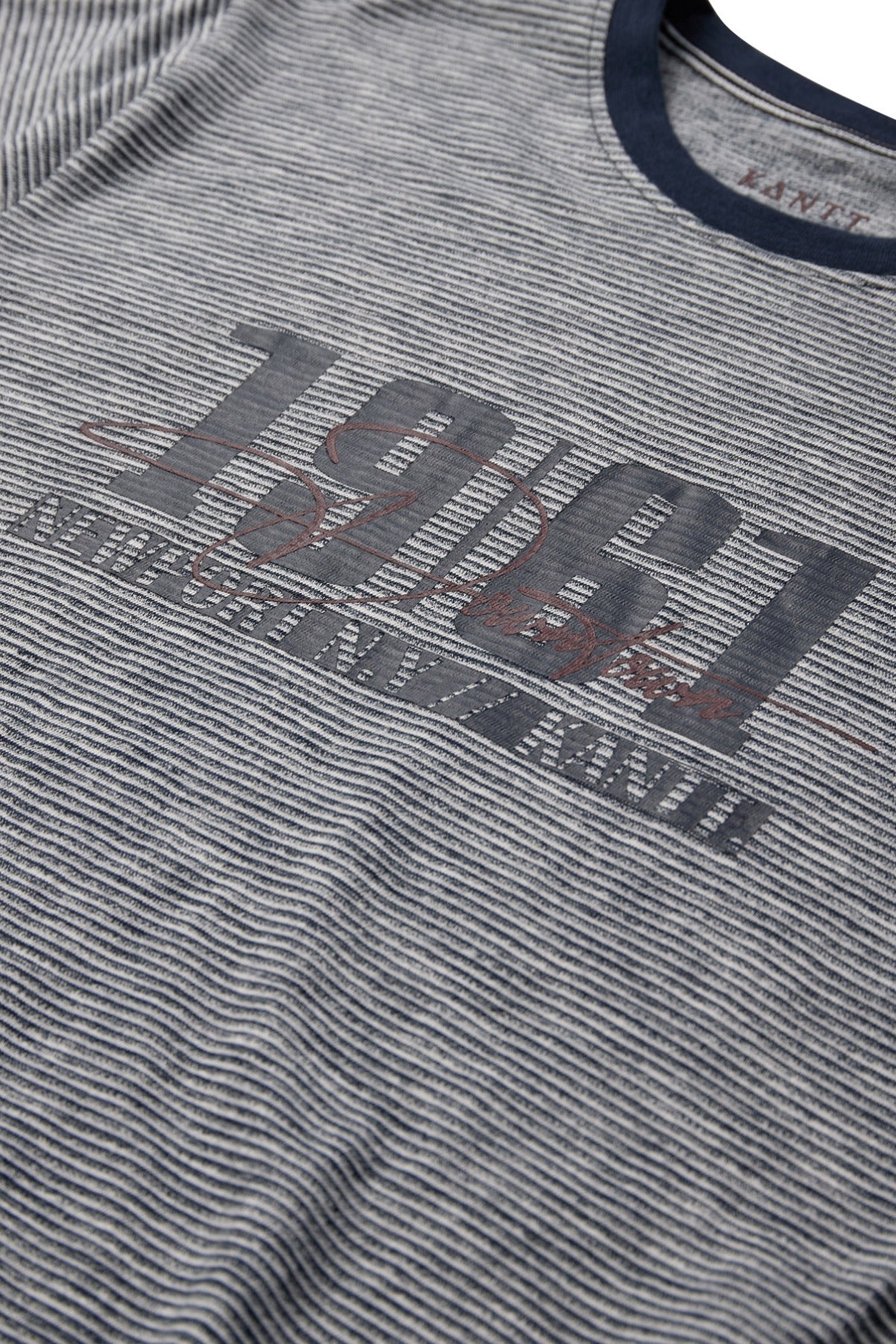 Blå og hvidstribet T-shirt med mørkeblå rund hals og stort "1961" print på brystet.