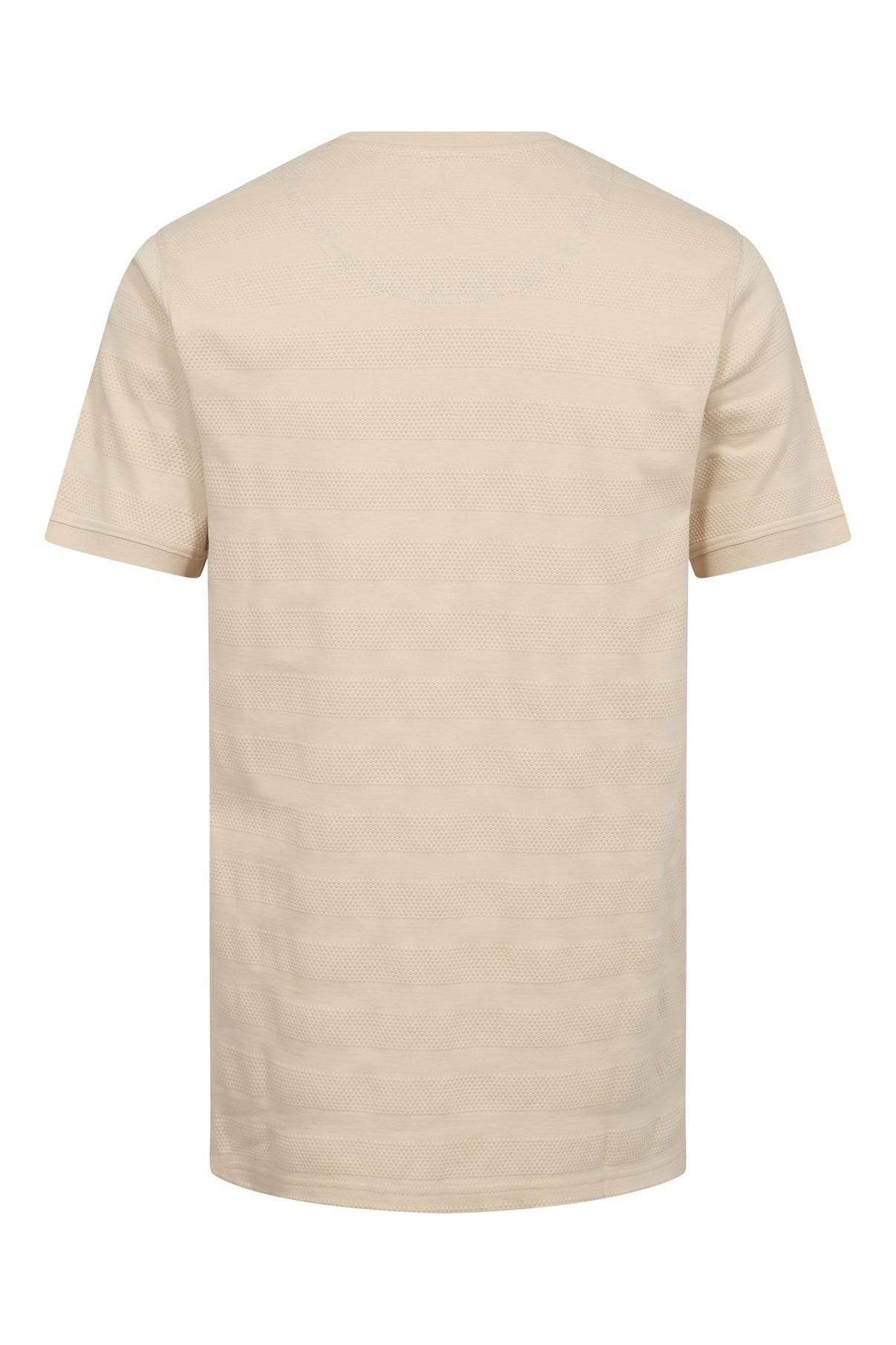 Beige kortærmet T-shirt med strukturerede striber og rund hals i blødt stof.