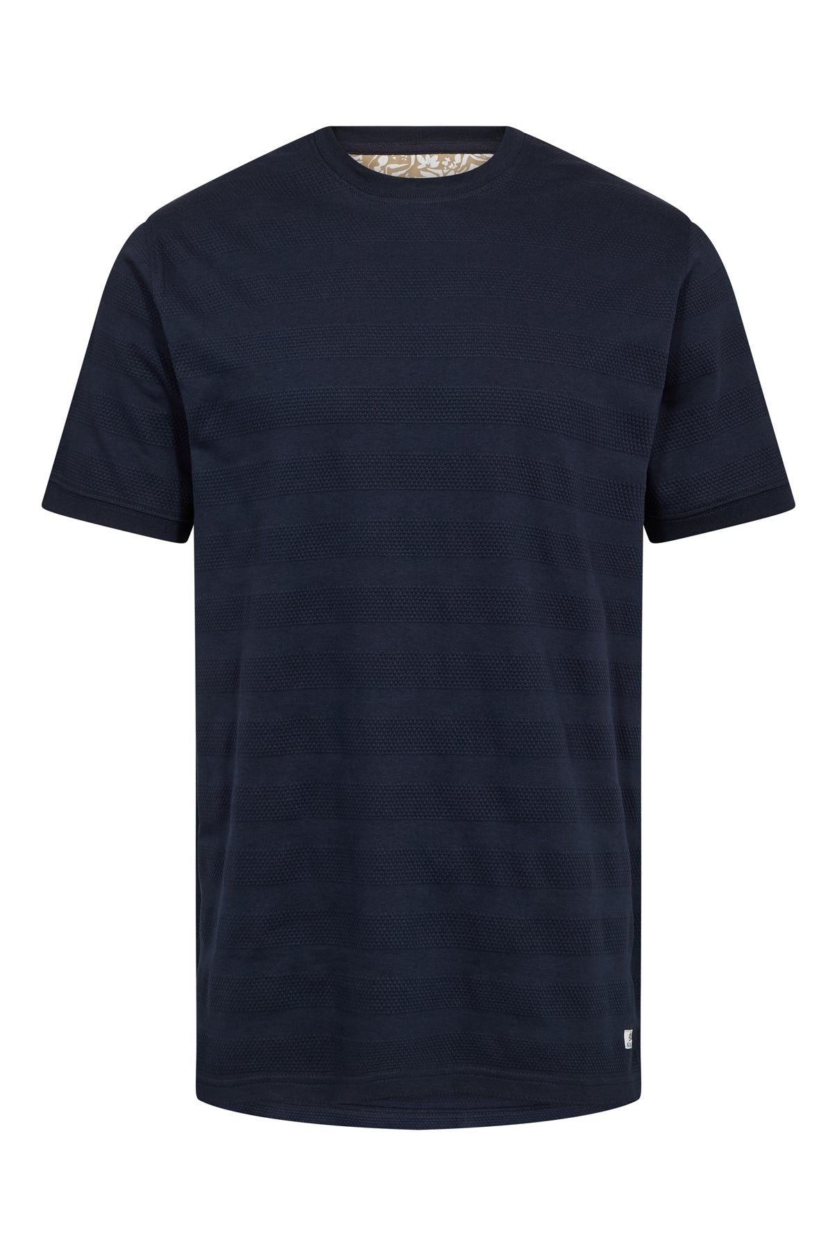 Mørkeblå kortærmet t-shirt med subtile strukturstriber og rund hals.