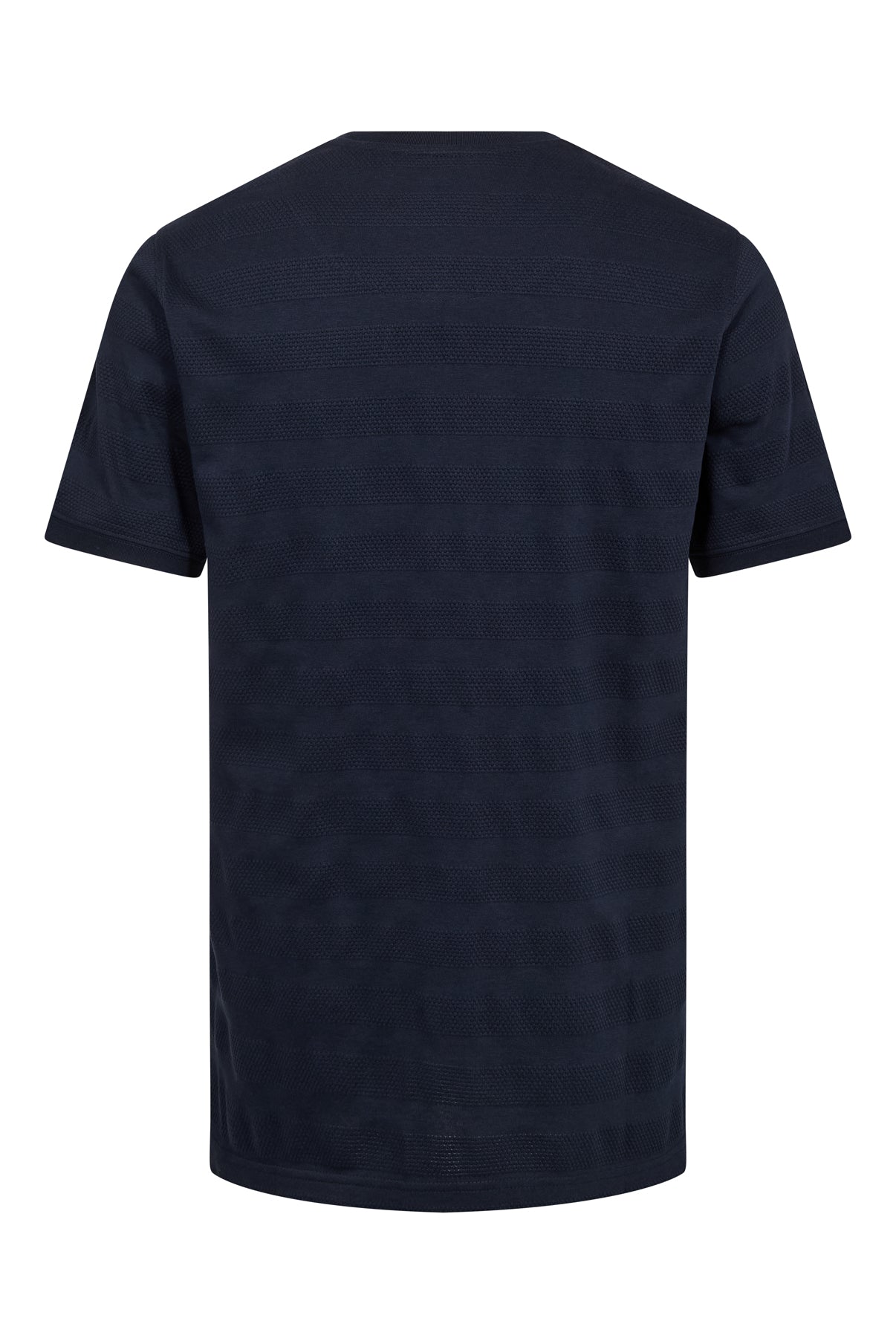 Mørkeblå kortærmet t-shirt med subtile strukturstriber og rund halsringning set bagfra.