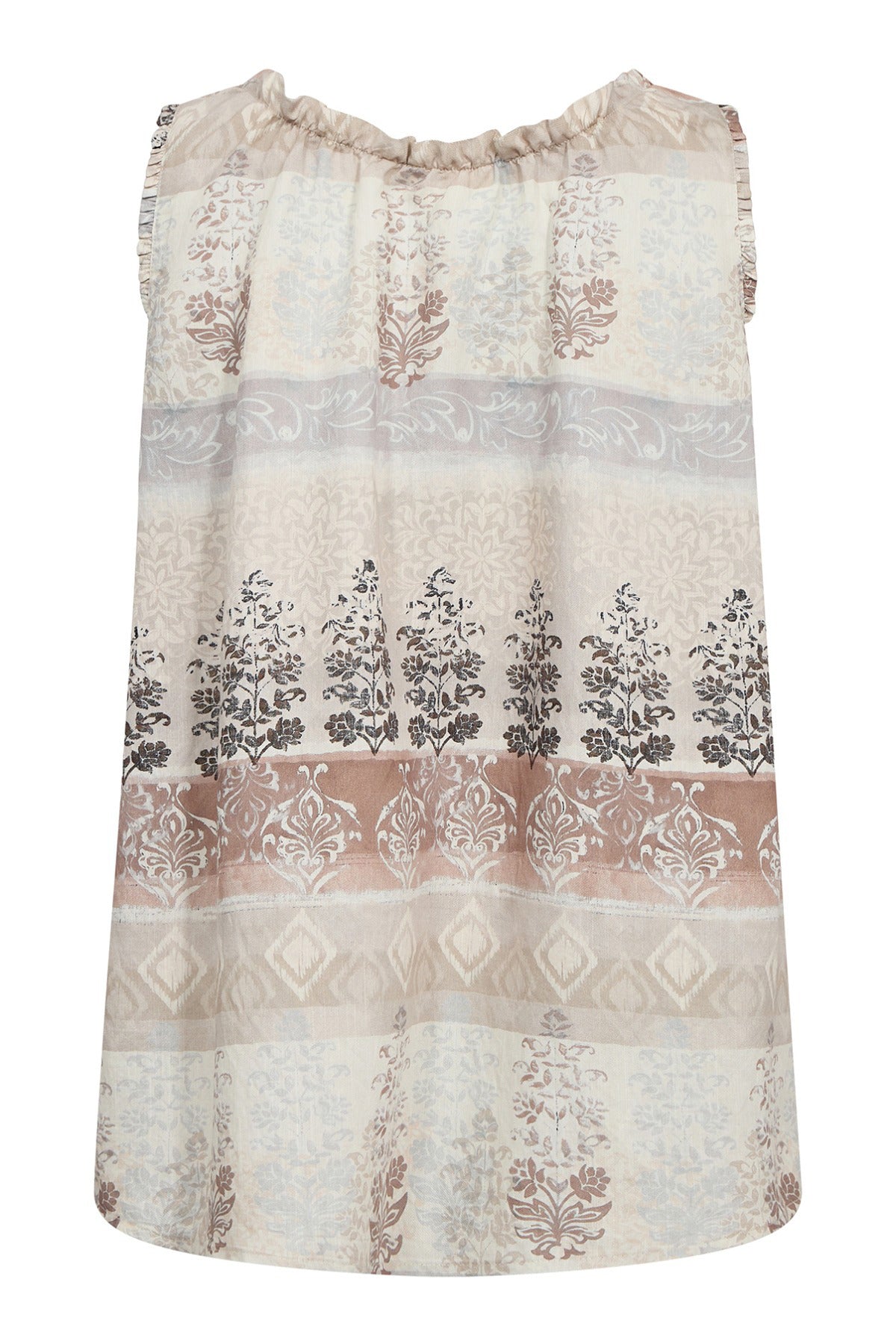 Løs top i beige med mønstret print og flæsedetaljer ved rund hals.