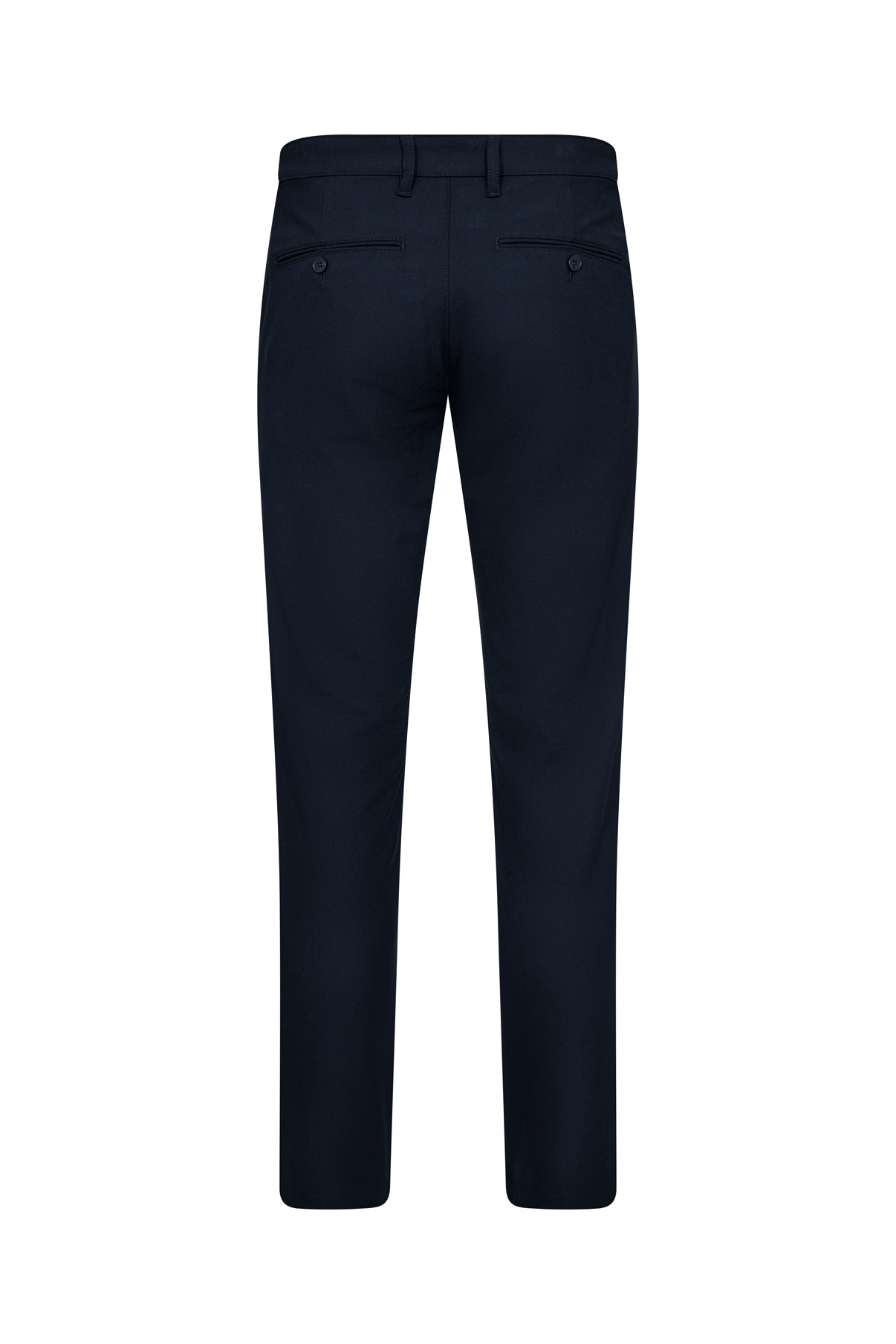 Mørkeblå tapered comfort fit bukser med stræk og baglommer.