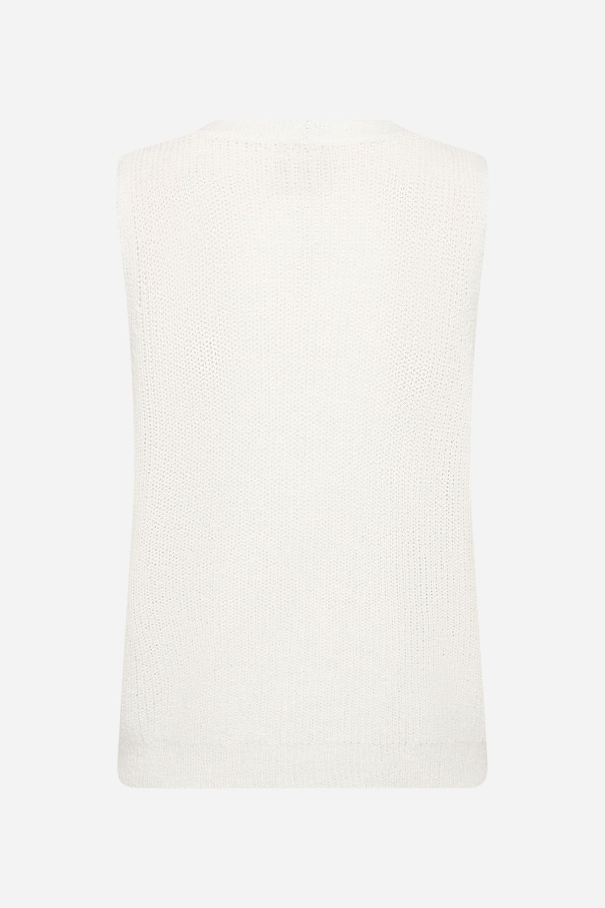Hvid strikket vest uden ærmer med rund hals og knapper foran.