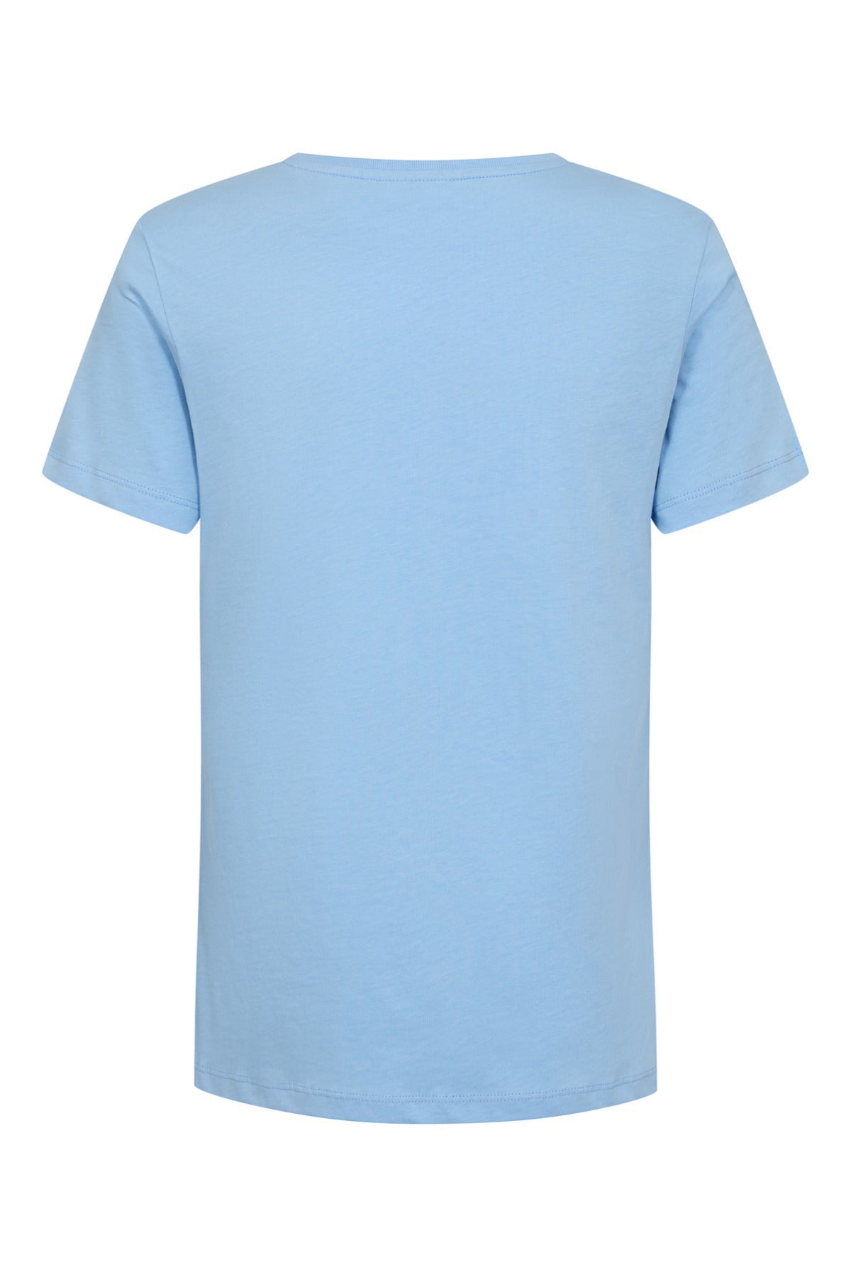 Lyseblå bomulds t-shirt med kort ærme og rund hals, enkel rygpanel.