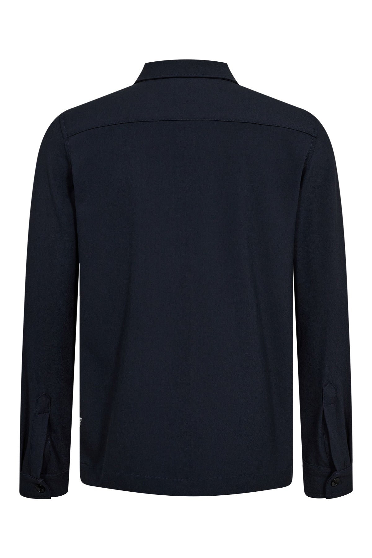 Sort strækbar overshirt med krave og lange ærmer, set bagfra, uden synlige lommer.