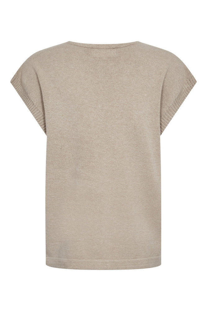 Kortærmet strikvest i beige cashmere med v-udskæring og løst fit.