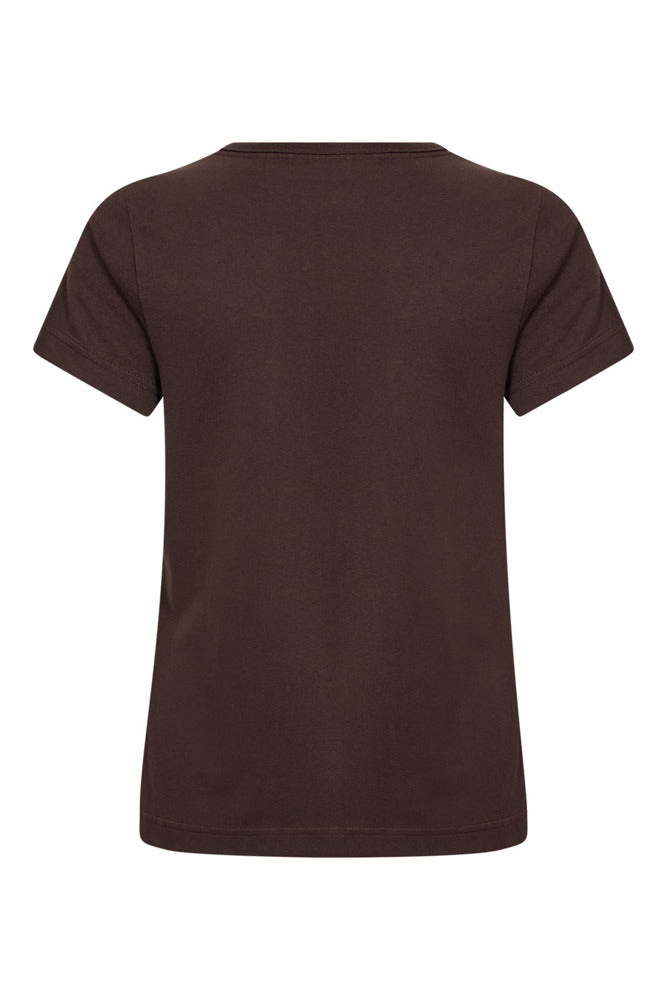 Kortærmet t-shirt i mørkebrun økologisk bomuld med rund hals set bagfra.