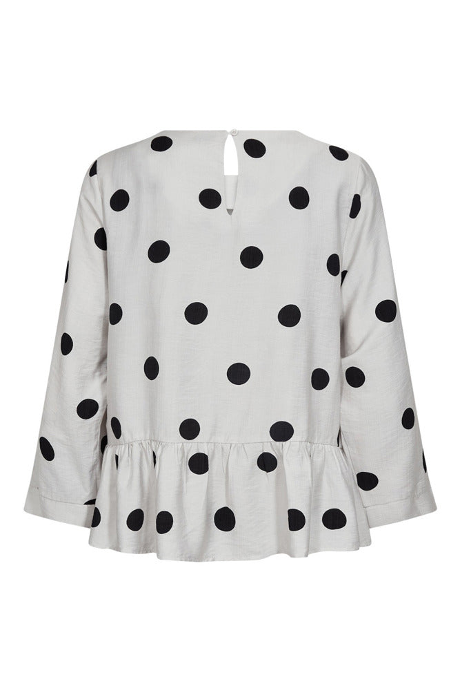 Jade - Peplum bluse med trekvartærmer og polka prikker