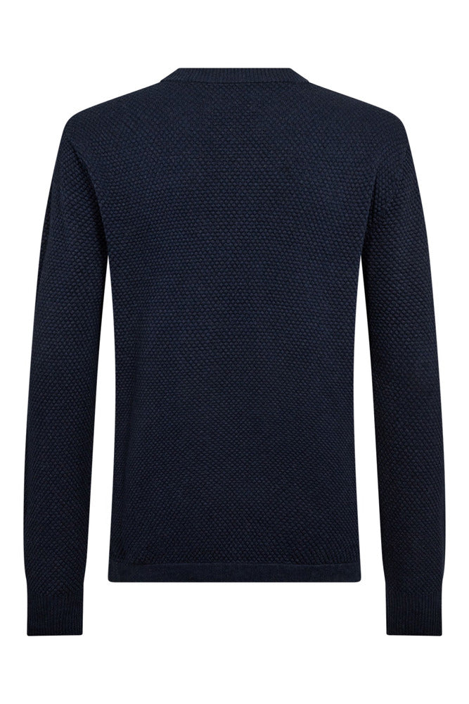 Marineblå bomuldspullover med strukturstrik, rund hals og lange ærmer, slim fit.