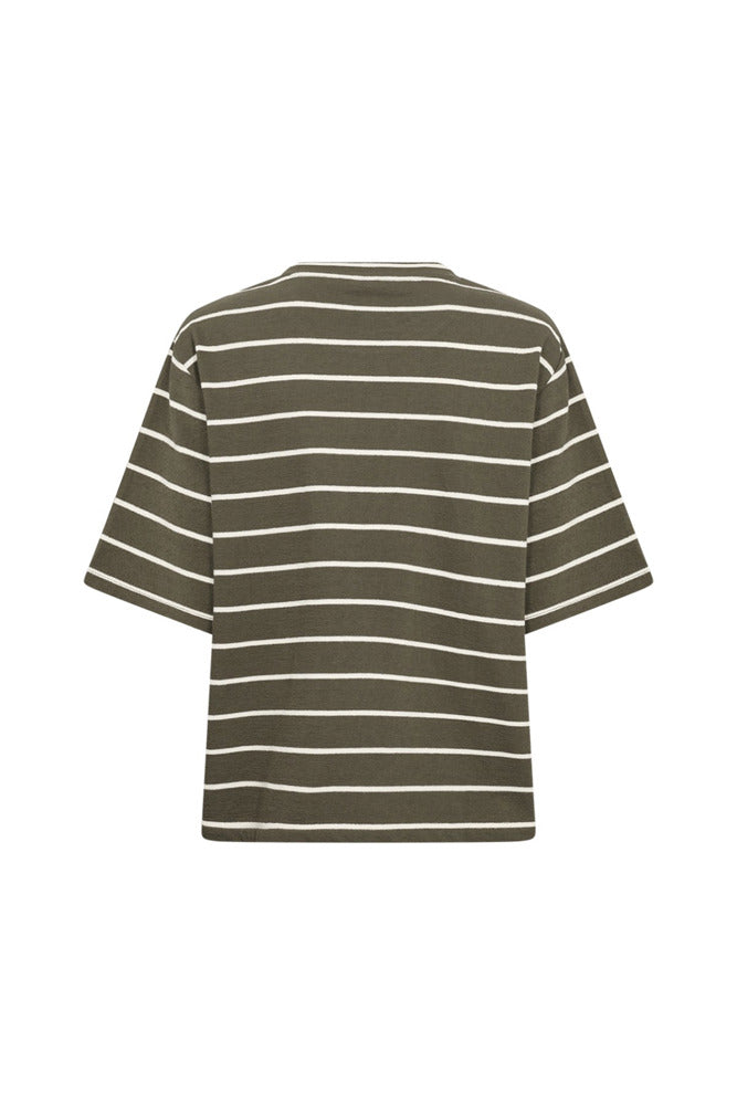 Kortærmet bomulds t-shirt med horisontale hvide striber på grøn baggrund, set bagfra.