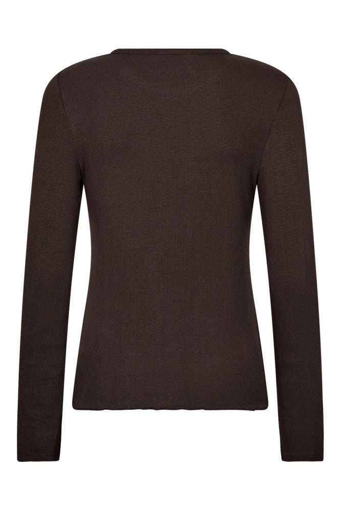 Mørkebrun, blød langærmet t-shirt i tætsiddende pasform med rund halsringning.