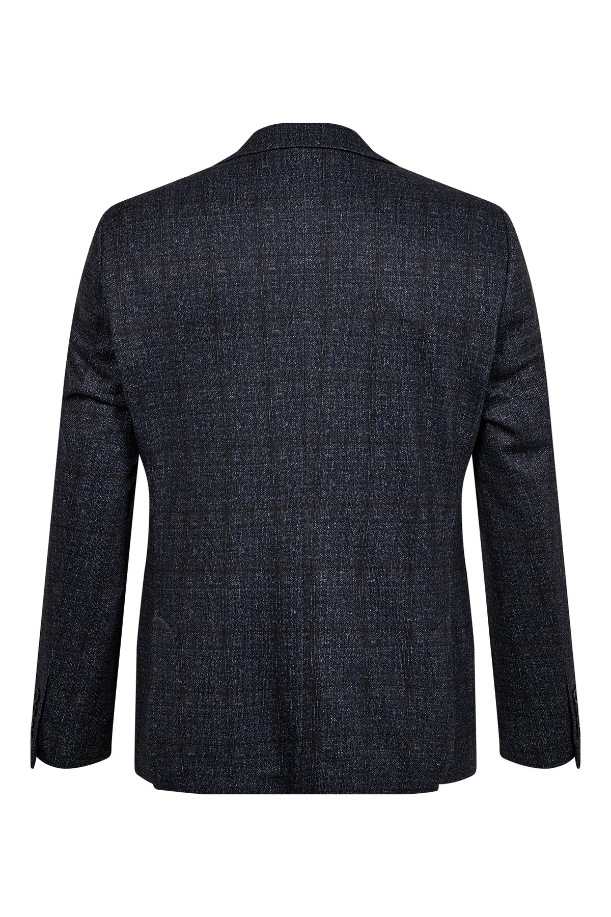 Mørkeblå blazer med fin struktur og klassisk pasform set bagfra.