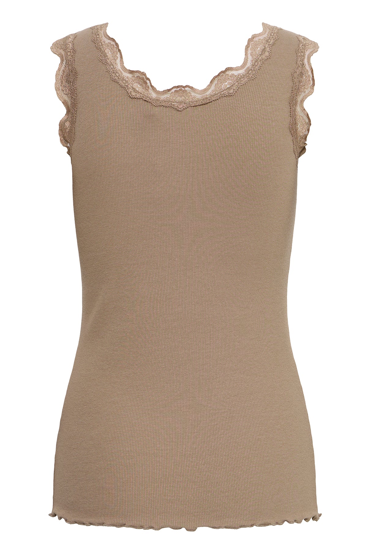 Beige ærmeløs top med blondedetaljer ved ærmekanter og halsudskæring.