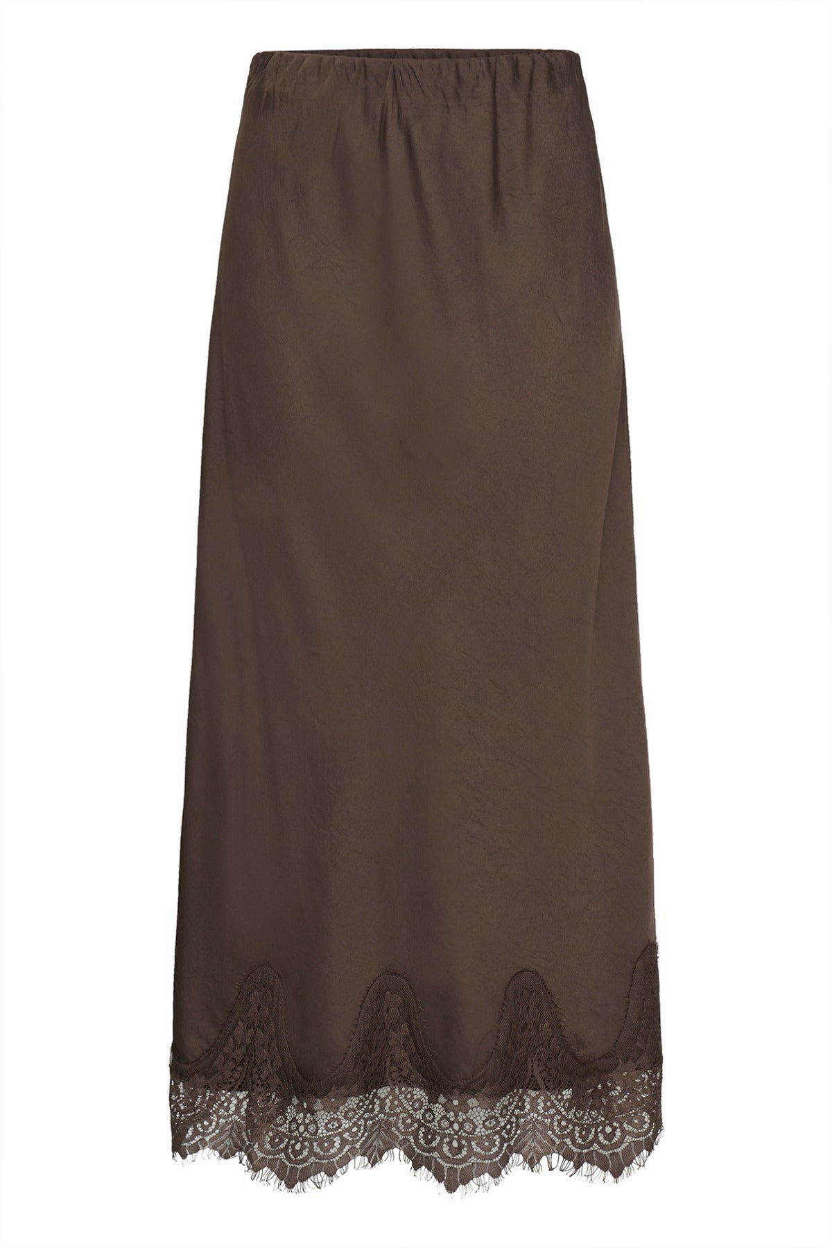 Mørkebrun midi nederdel med elastisk talje og blondedetaljer langs kanten.