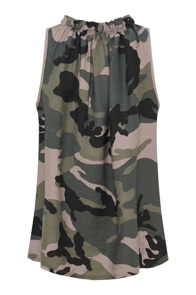 Ærmeløs top med flæsekrave i camouflagemønster, viskose, onesize.