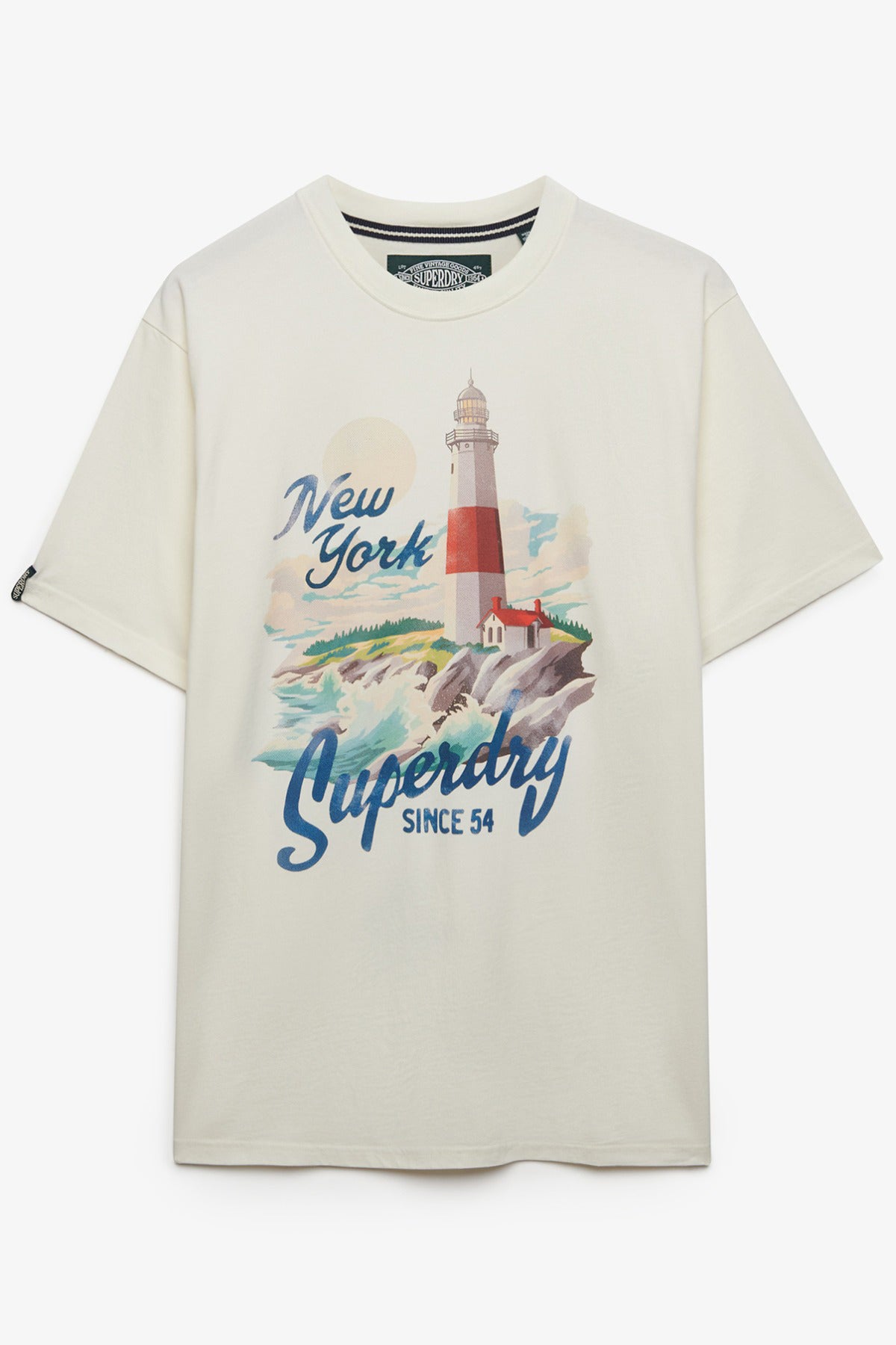 Kortærmet loose fit t-shirt i offwhite med blå og flerfarvet New York-print og tekst foran.